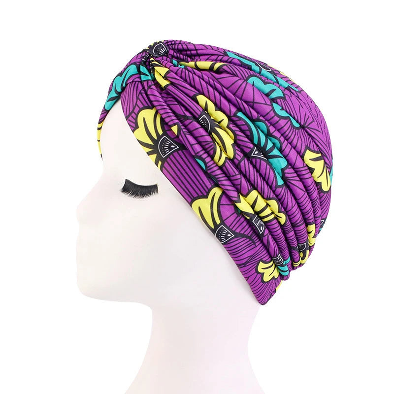 Turban africain imprimé pour femme – Bonnet doux et extensible, style torsadé et plissé, couvre-tête confortable (idéal comme bonnet chimio)