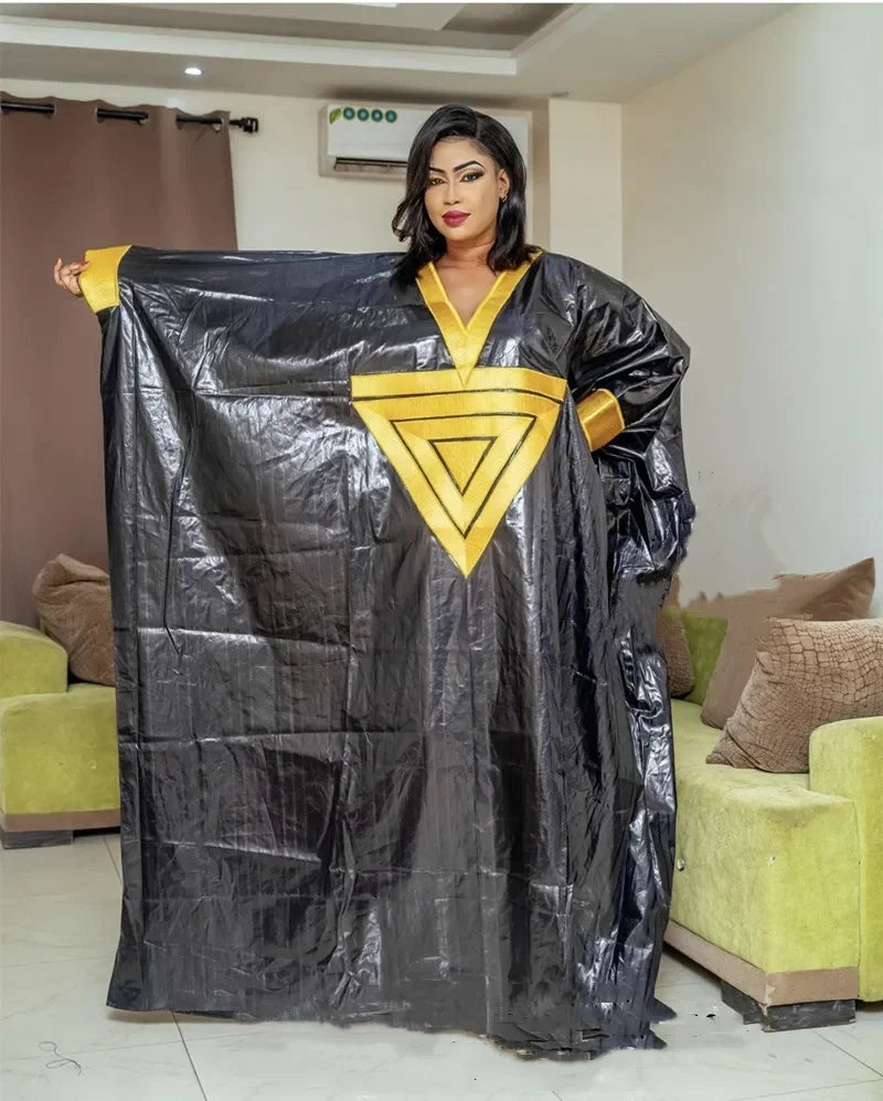 Robe africaine pour femme en Bazin riche – Taille unique, robe longue au sol avec broderies élégantes et foulard assorti