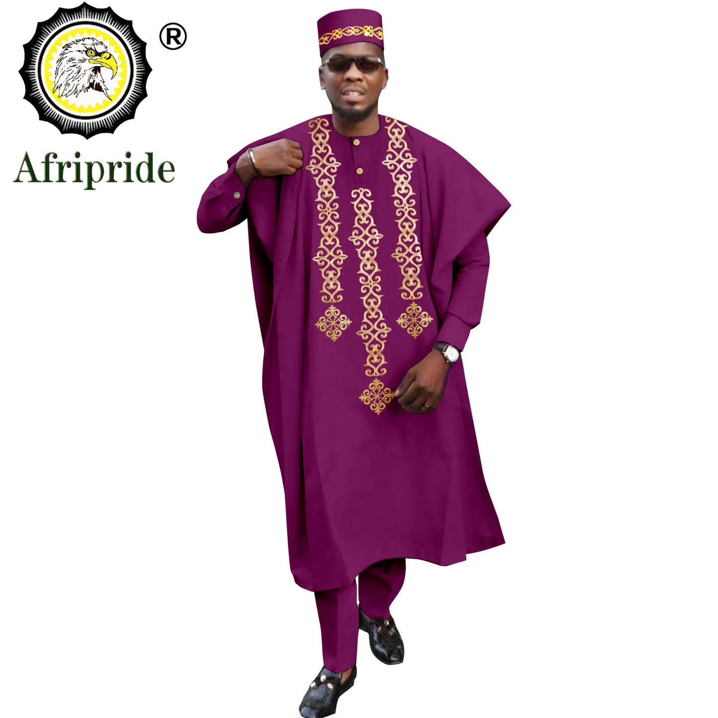 Tenue africaine traditionnelle pour homme – Ensemble Agbada brodé 4 pièces avec robe, chemise, pantalon et chapeau Dashiki, idéal pour mariage et soirée – Réf. A2216118