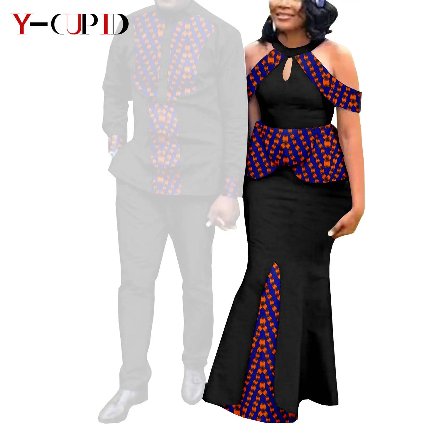 Robes africaines pour femme et tenues assorties pour couple – Tissu Bazin imprimé, robe de soirée style sirène et ensemble homme chemise et pantalon – Modèle Y21C024