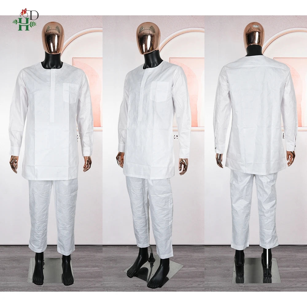 Vêtements africains Broderie Bazin Riche. Ensemble 3 pièces. Haut et pantalon. Costume blanc. Tenue quotidienne