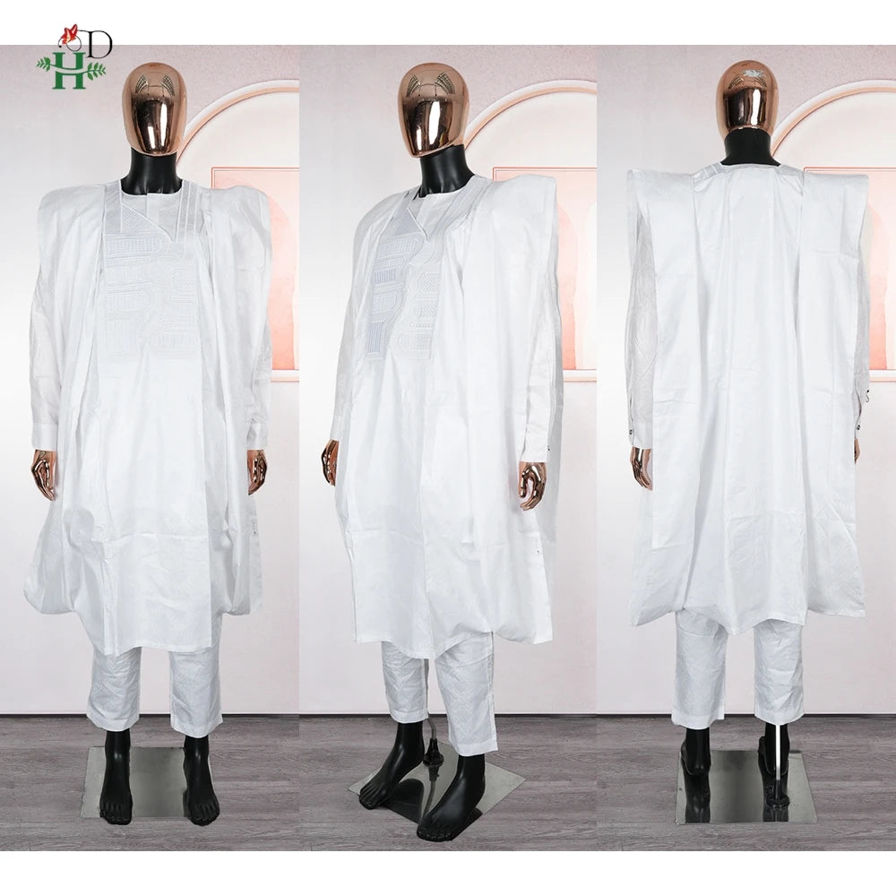 Vêtements africains Broderie Bazin Riche. Ensemble 3 pièces. Haut et pantalon. Costume blanc. Tenue quotidienne
