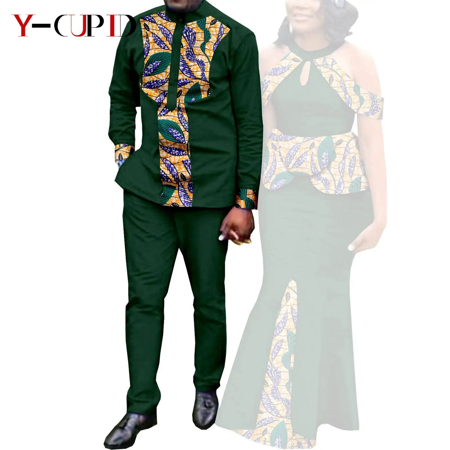 Robes africaines pour femme et tenues assorties pour couple – Tissu Bazin imprimé, robe de soirée style sirène et ensemble homme chemise et pantalon – Modèle Y21C024