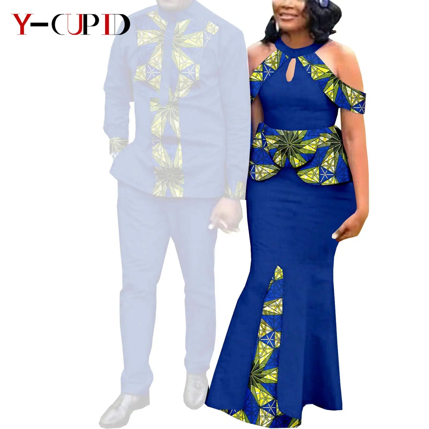 Robes africaines pour femme et tenues assorties pour couple – Tissu Bazin imprimé, robe de soirée style sirène et ensemble homme chemise et pantalon – Modèle Y21C024
