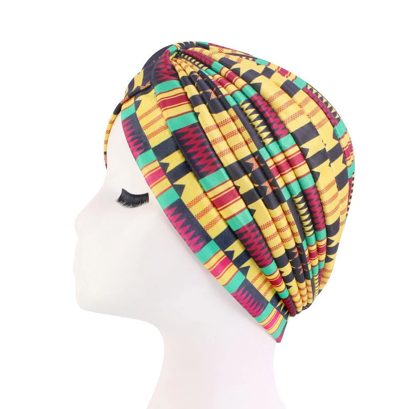 Turban africain imprimé pour femme – Bonnet doux et extensible, style torsadé et plissé, couvre-tête confortable (idéal comme bonnet chimio)