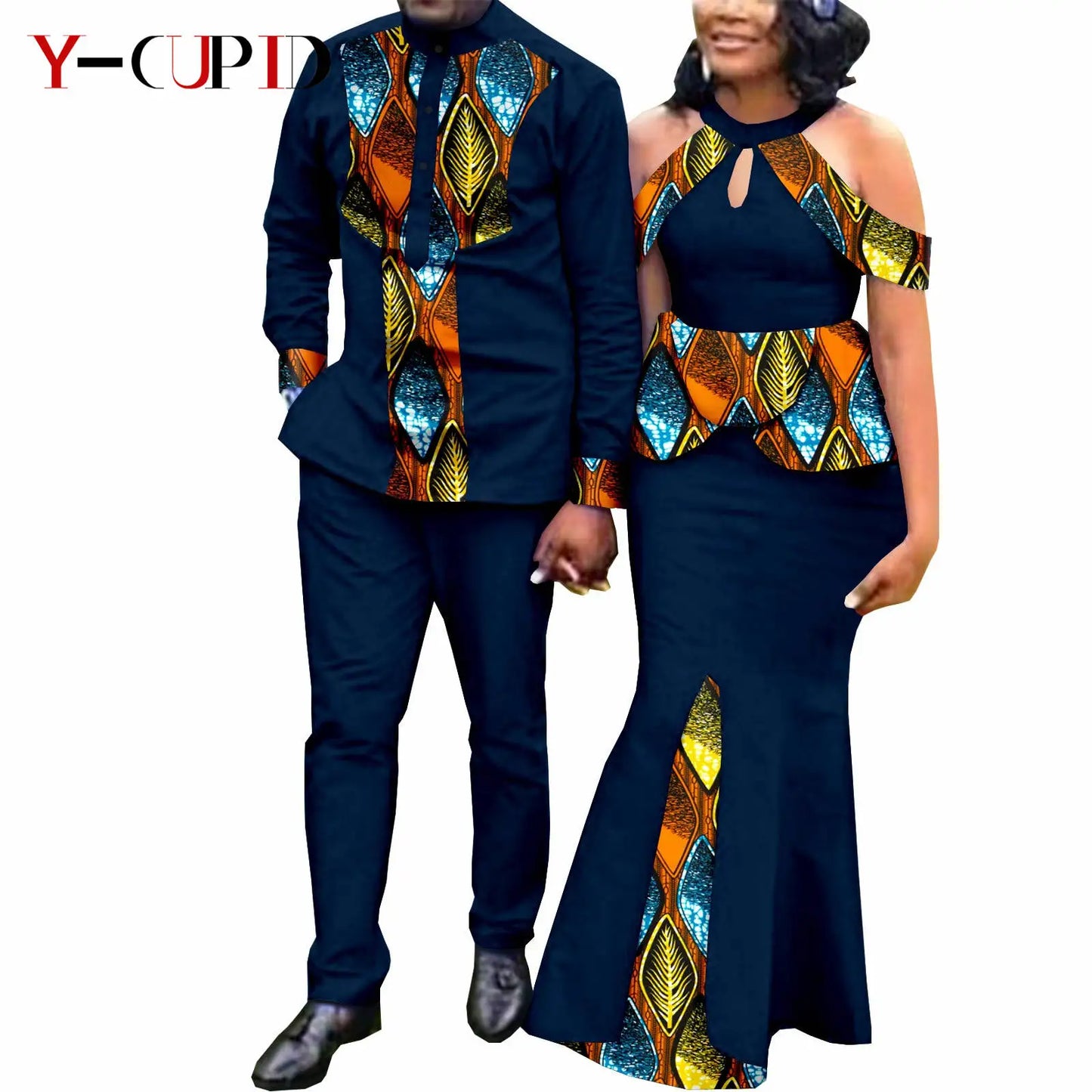Robes africaines pour femme et tenues assorties pour couple – Tissu Bazin imprimé, robe de soirée style sirène et ensemble homme chemise et pantalon – Modèle Y21C024