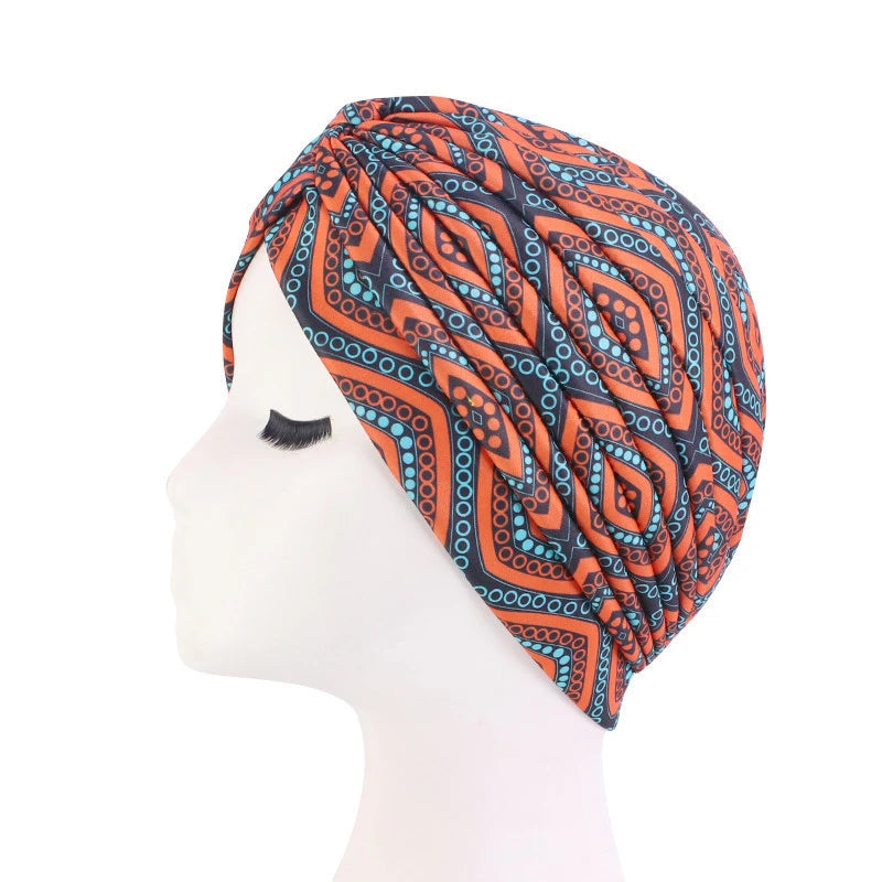 Turban africain imprimé pour femme – Bonnet doux et extensible, style torsadé et plissé, couvre-tête confortable (idéal comme bonnet chimio)