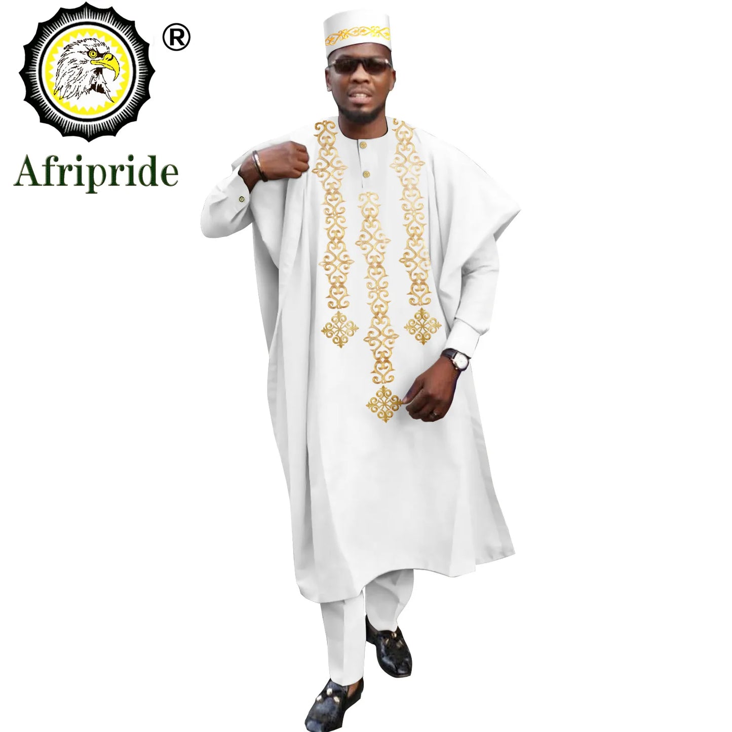 Tenue africaine traditionnelle pour homme – Ensemble Agbada brodé 4 pièces avec robe, chemise, pantalon et chapeau Dashiki, idéal pour mariage et soirée – Réf. A2216118