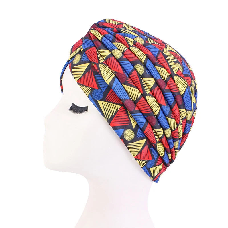 Turban africain imprimé pour femme – Bonnet doux et extensible, style torsadé et plissé, couvre-tête confortable (idéal comme bonnet chimio)