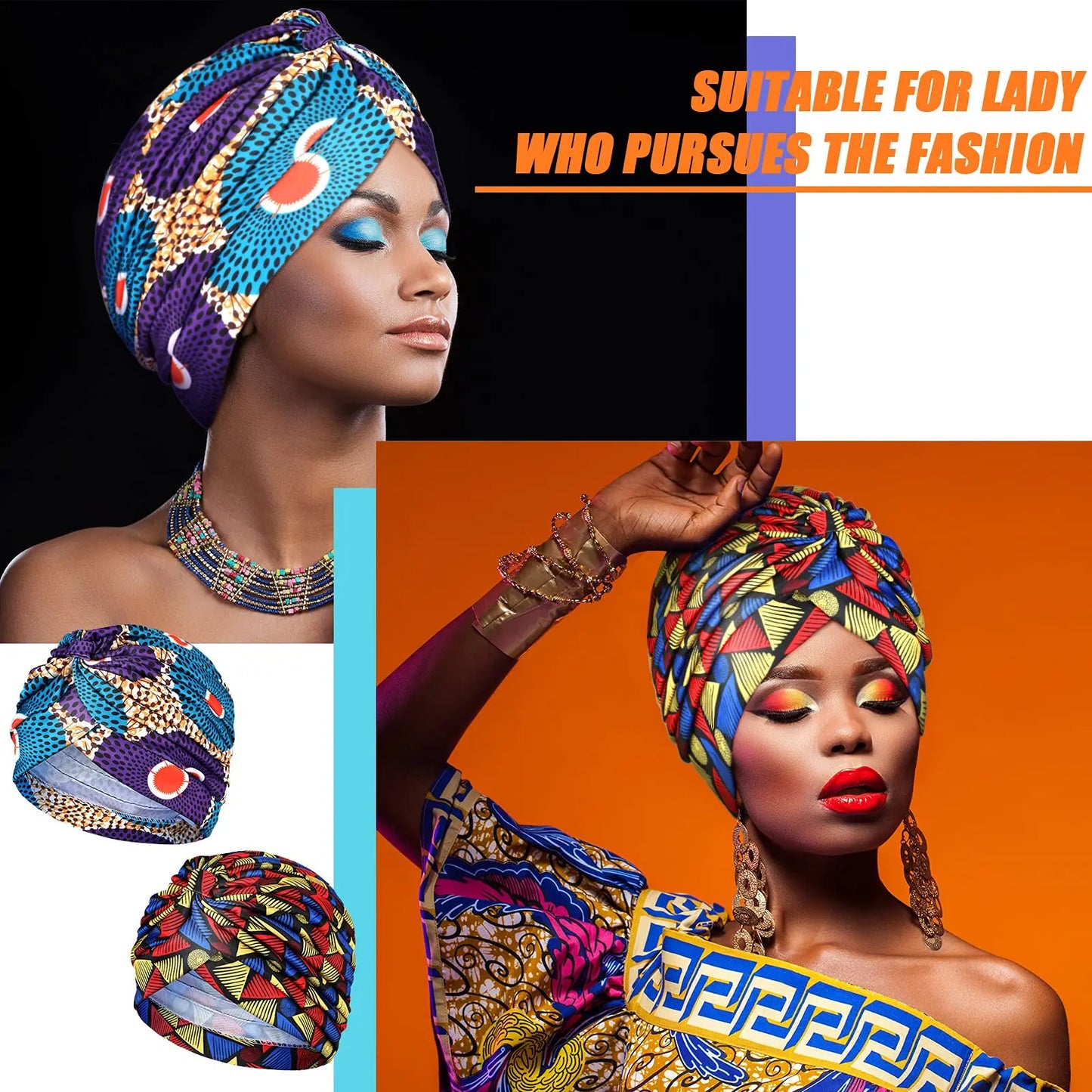Turban africain imprimé pour femme – Bonnet doux et extensible, style torsadé et plissé, couvre-tête confortable (idéal comme bonnet chimio)
