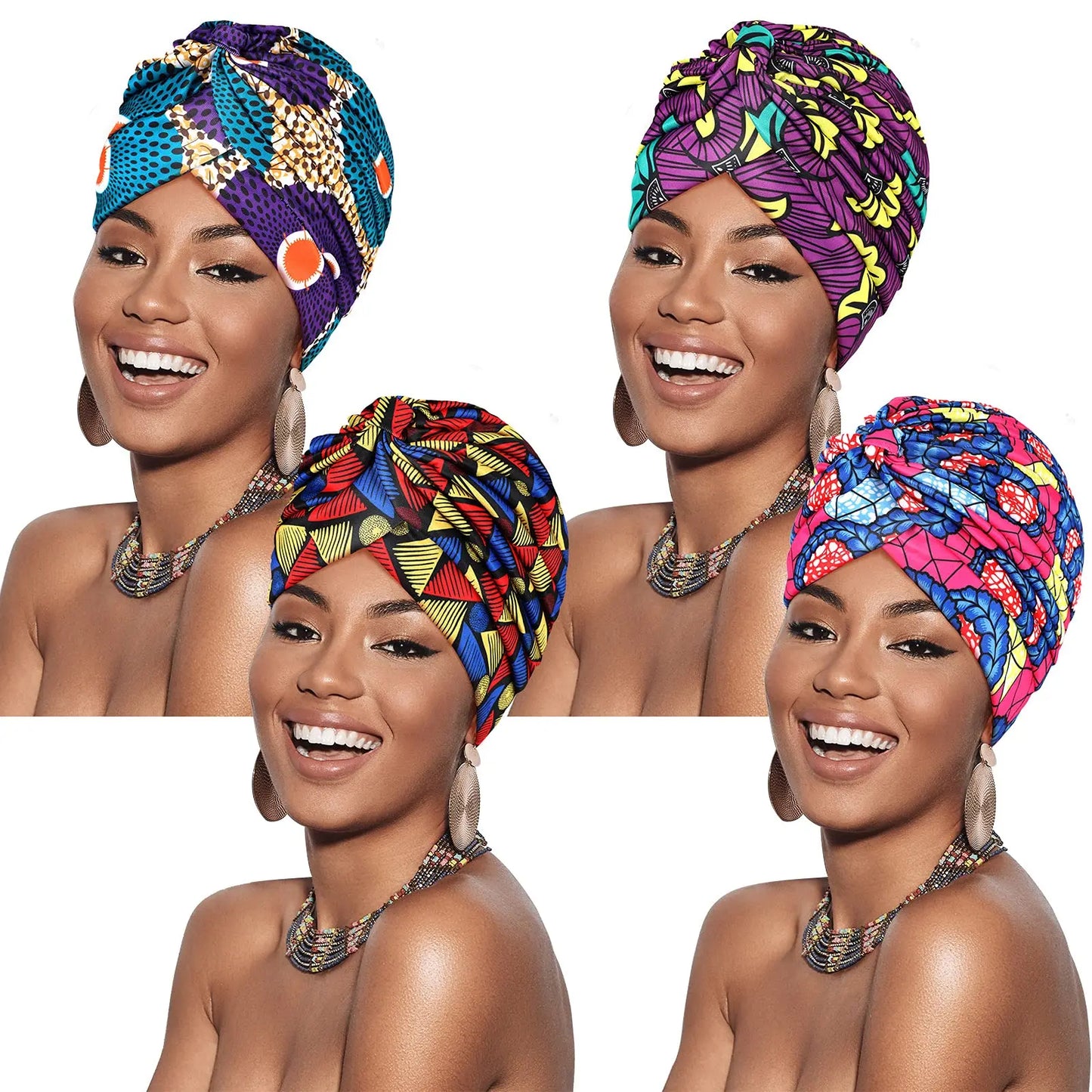 Turban africain imprimé pour femme – Bonnet doux et extensible, style torsadé et plissé, couvre-tête confortable (idéal comme bonnet chimio)
