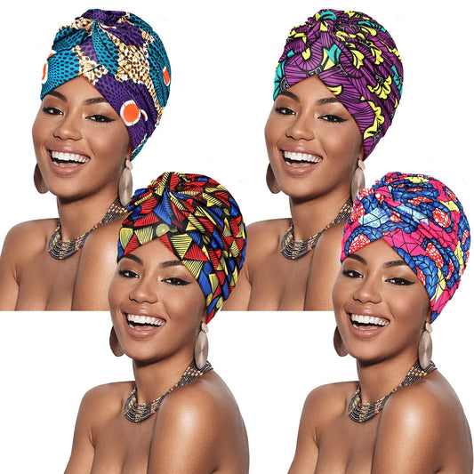 Turban africain imprimé pour femme – Bonnet doux et extensible, style torsadé et plissé, couvre-tête confortable (idéal comme bonnet chimio)
