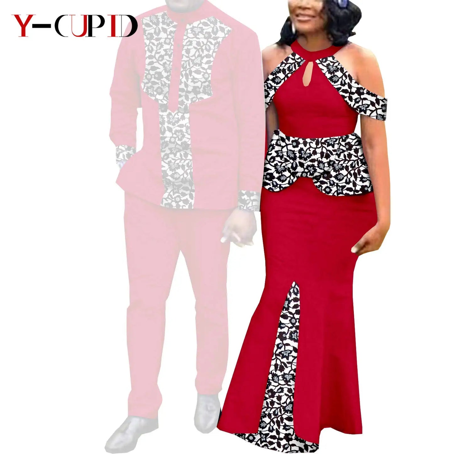 Robes africaines pour femme et tenues assorties pour couple – Tissu Bazin imprimé, robe de soirée style sirène et ensemble homme chemise et pantalon – Modèle Y21C024