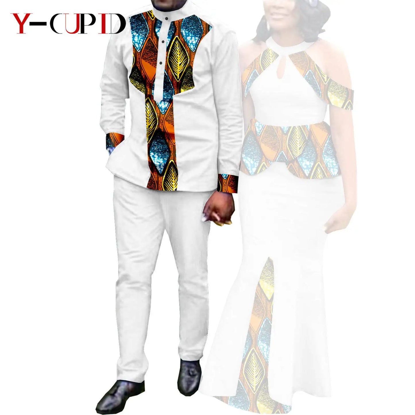 Robes africaines pour femme et tenues assorties pour couple – Tissu Bazin imprimé, robe de soirée style sirène et ensemble homme chemise et pantalon – Modèle Y21C024
