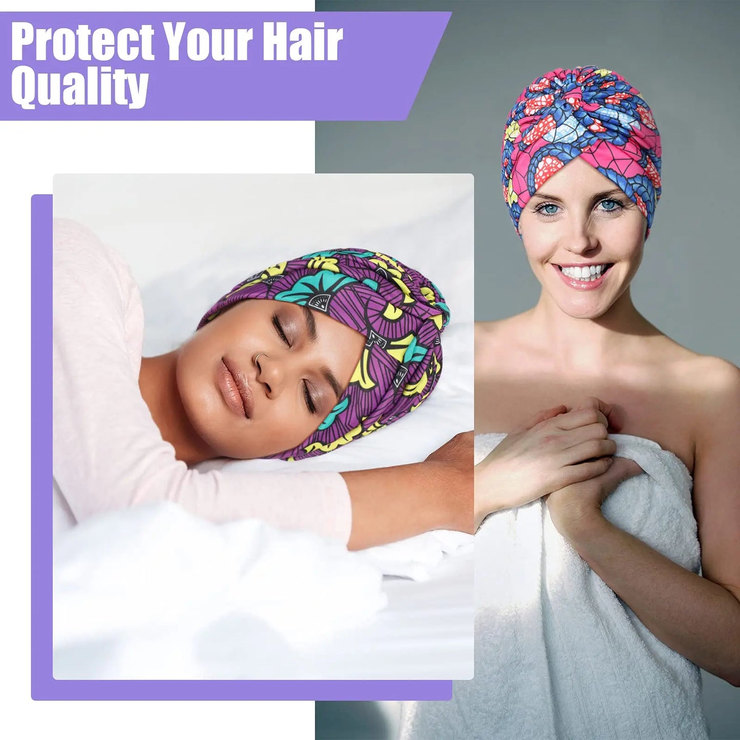 Turban africain imprimé pour femme – Bonnet doux et extensible, style torsadé et plissé, couvre-tête confortable (idéal comme bonnet chimio)