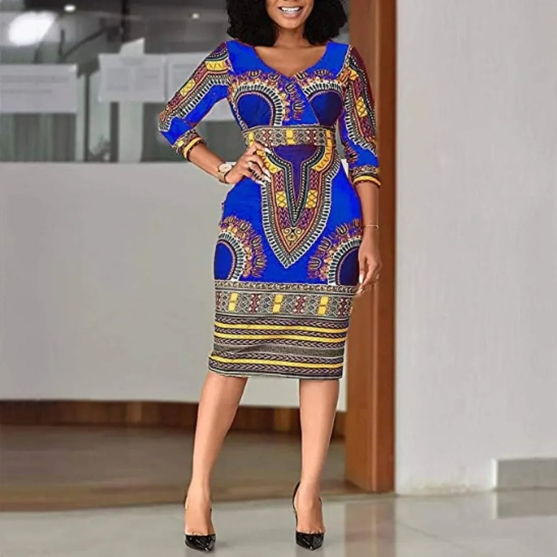 Robe longue pour femme, style ethnique africain – Imprimée, manches 3/4, tendance européenne et américaine
