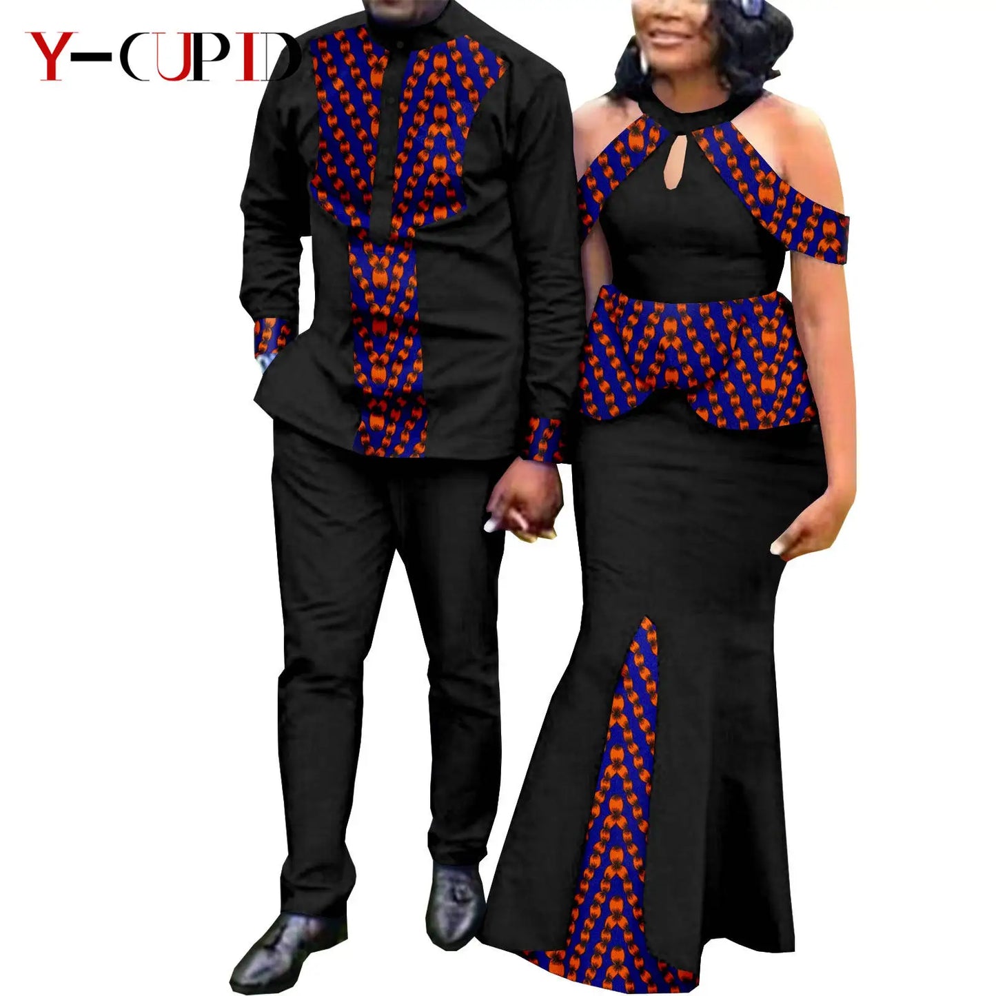 Robes africaines pour femme et tenues assorties pour couple – Tissu Bazin imprimé, robe de soirée style sirène et ensemble homme chemise et pantalon – Modèle Y21C024