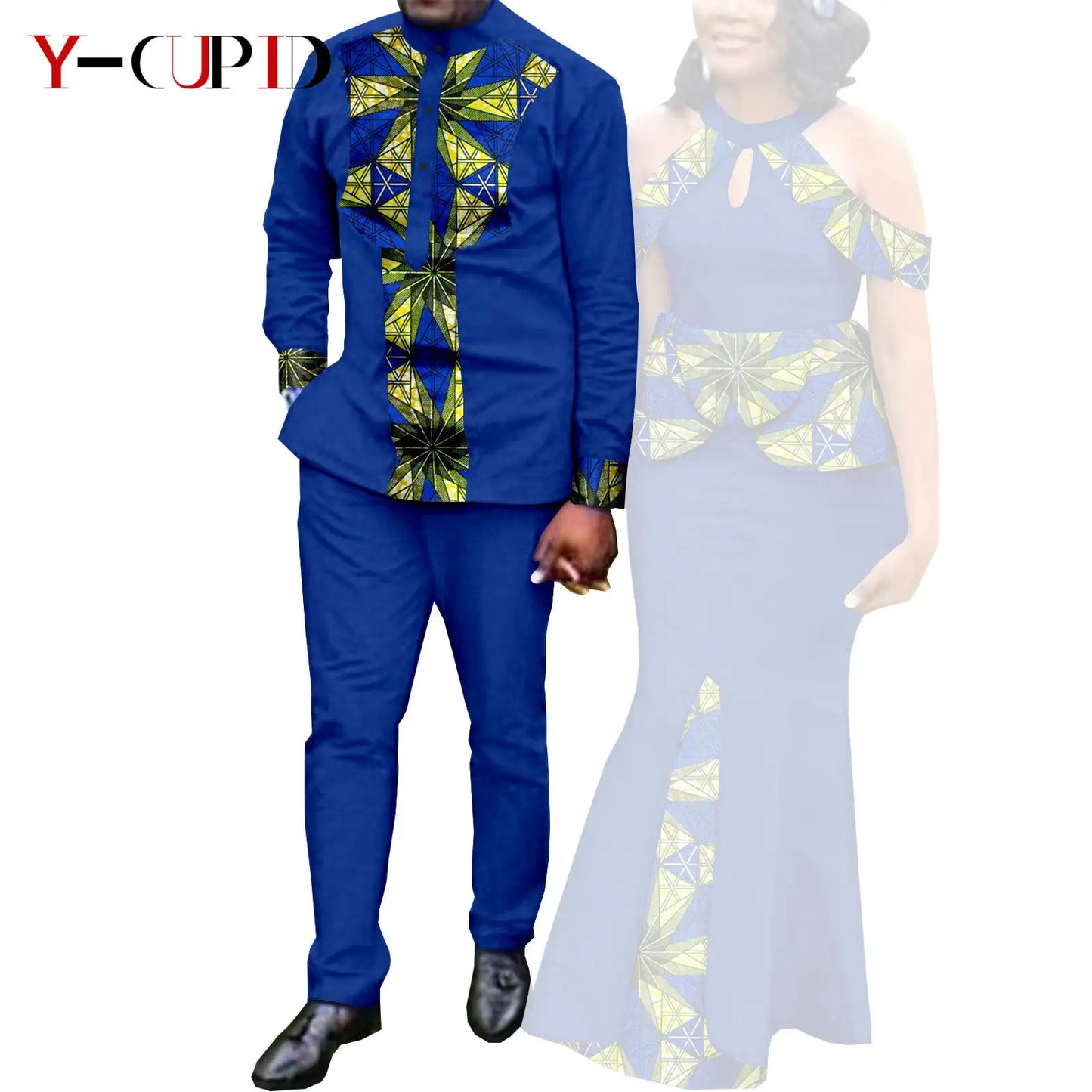 Robes africaines pour femme et tenues assorties pour couple – Tissu Bazin imprimé, robe de soirée style sirène et ensemble homme chemise et pantalon – Modèle Y21C024