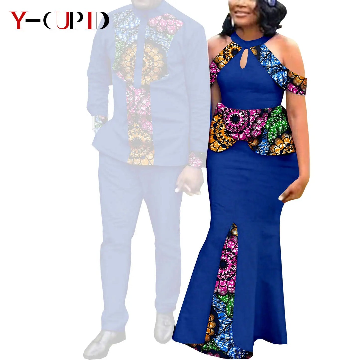 Robes africaines pour femme et tenues assorties pour couple – Tissu Bazin imprimé, robe de soirée style sirène et ensemble homme chemise et pantalon – Modèle Y21C024