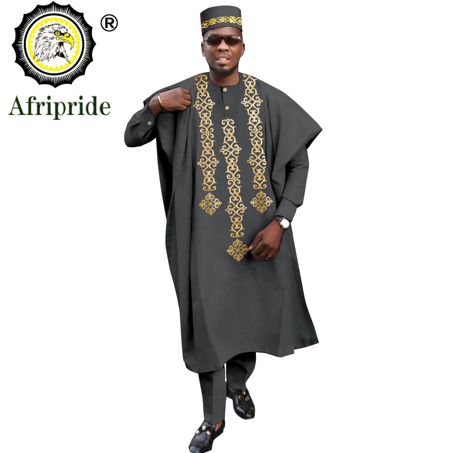Tenue africaine traditionnelle pour homme – Ensemble Agbada brodé 4 pièces avec robe, chemise, pantalon et chapeau Dashiki, idéal pour mariage et soirée – Réf. A2216118