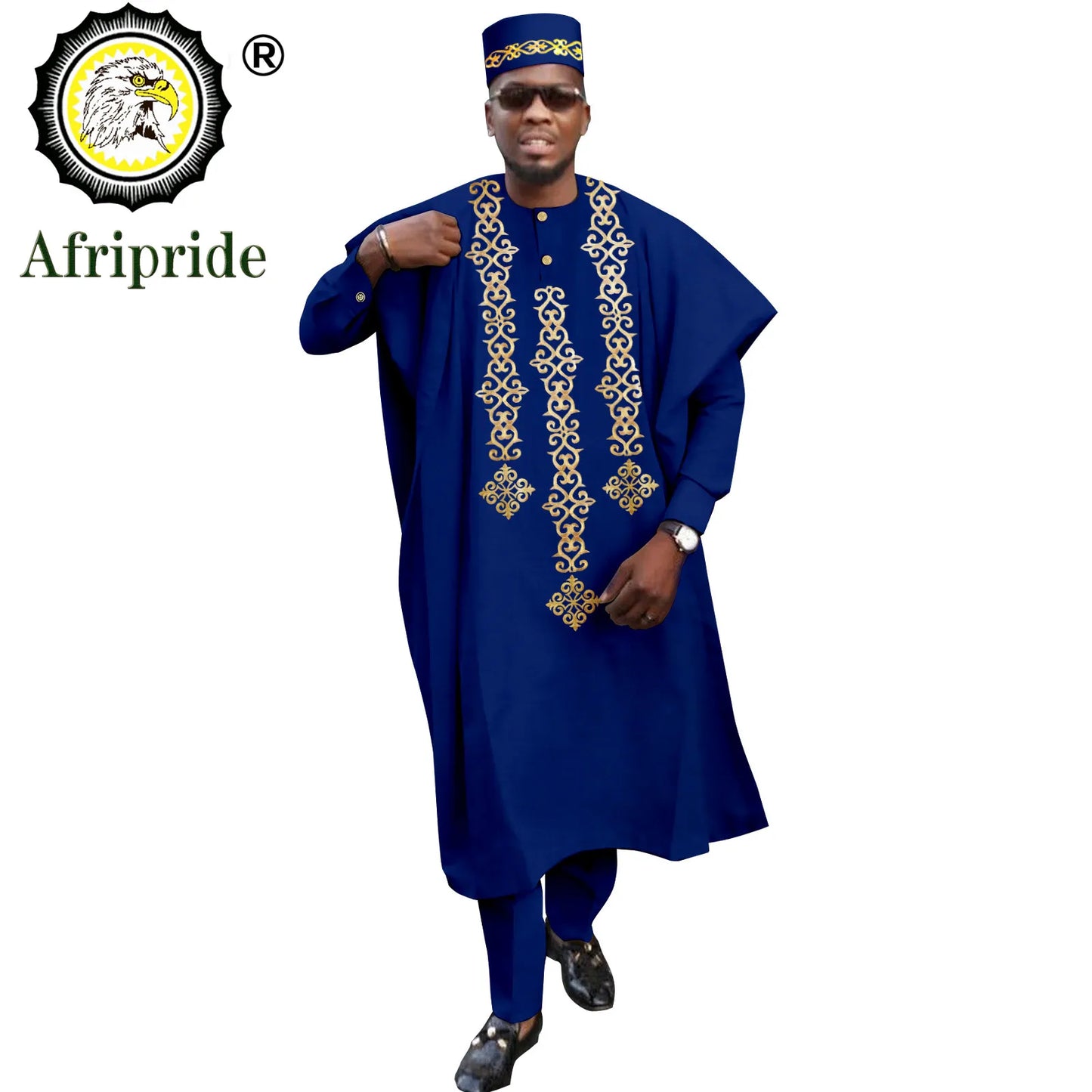 Tenue africaine traditionnelle pour homme – Ensemble Agbada brodé 4 pièces avec robe, chemise, pantalon et chapeau Dashiki, idéal pour mariage et soirée – Réf. A2216118