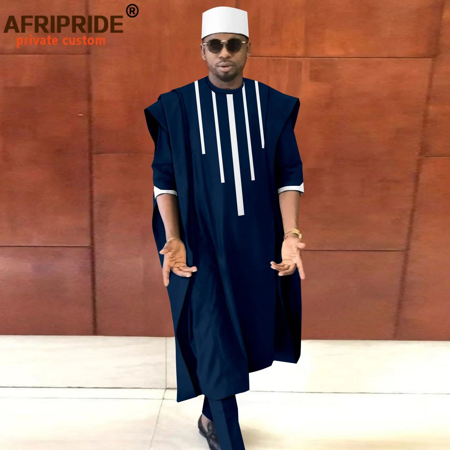 Tenue africaine pour homme – Ensemble Dashiki Agbada 3 pièces avec chemise, pantalon et chapeau traditionnel (style tribal) – Réf. A2216165