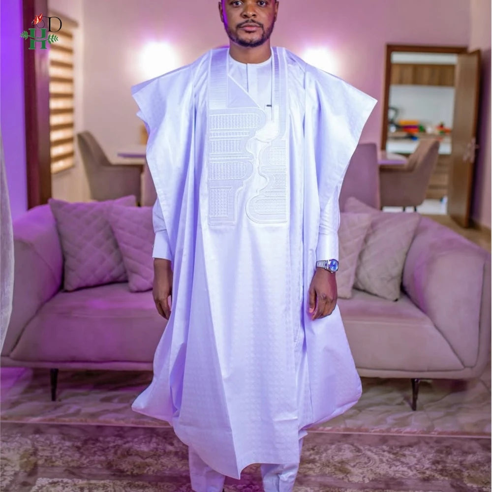 Vêtements africains Broderie Bazin Riche. Ensemble 3 pièces. Haut et pantalon. Costume blanc. Tenue quotidienne