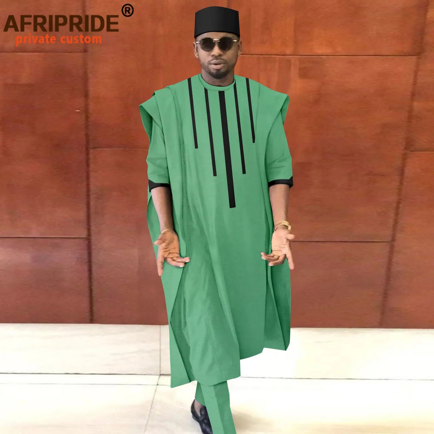 Tenue africaine pour homme – Ensemble Dashiki Agbada 3 pièces avec chemise, pantalon et chapeau traditionnel (style tribal) – Réf. A2216165