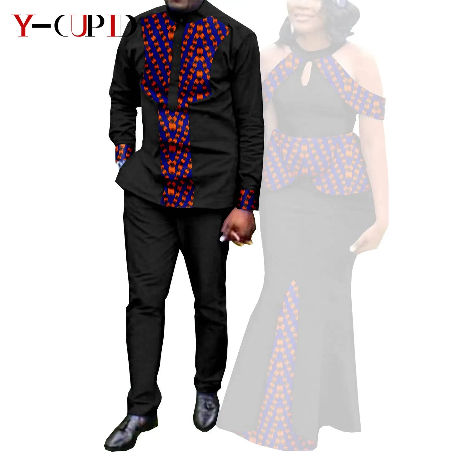 Robes africaines pour femme et tenues assorties pour couple – Tissu Bazin imprimé, robe de soirée style sirène et ensemble homme chemise et pantalon – Modèle Y21C024
