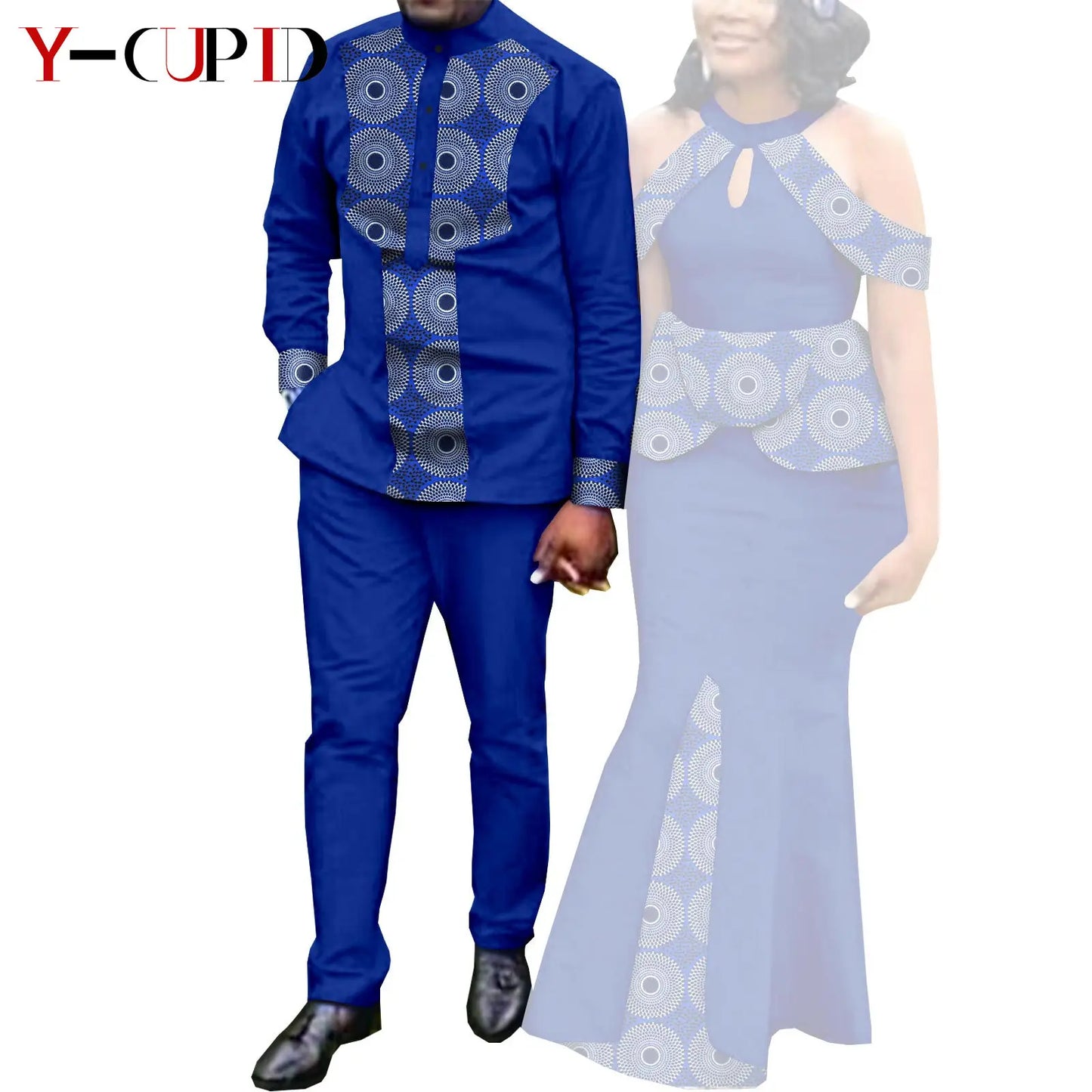 Robes africaines pour femme et tenues assorties pour couple – Tissu Bazin imprimé, robe de soirée style sirène et ensemble homme chemise et pantalon – Modèle Y21C024