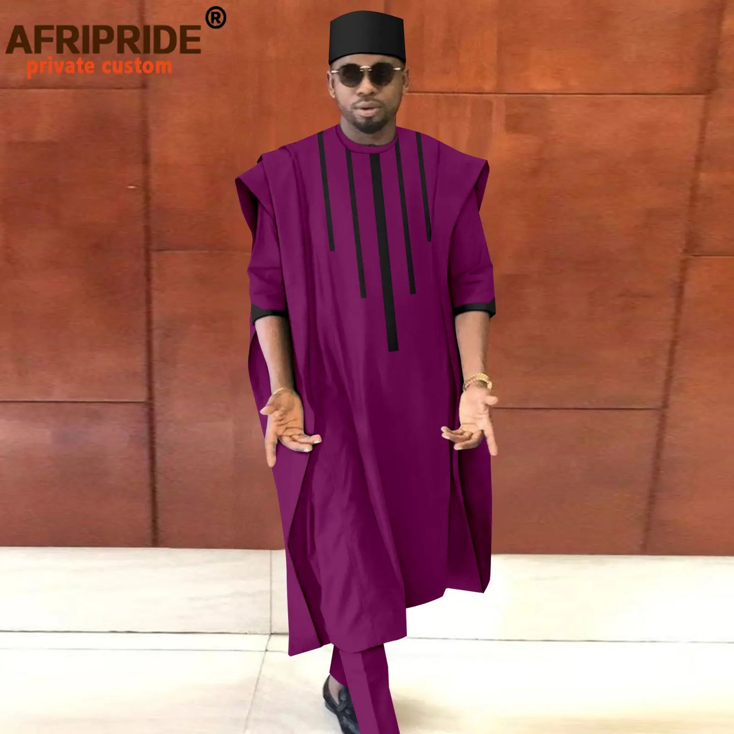 Tenue africaine pour homme – Ensemble Dashiki Agbada 3 pièces avec chemise, pantalon et chapeau traditionnel (style tribal) – Réf. A2216165