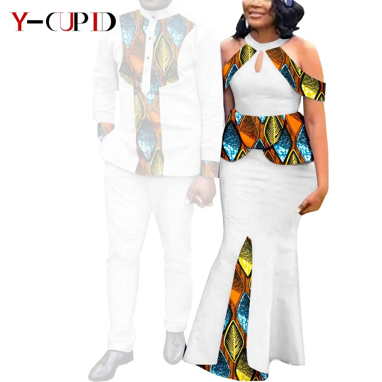 Robes africaines pour femme et tenues assorties pour couple – Tissu Bazin imprimé, robe de soirée style sirène et ensemble homme chemise et pantalon – Modèle Y21C024