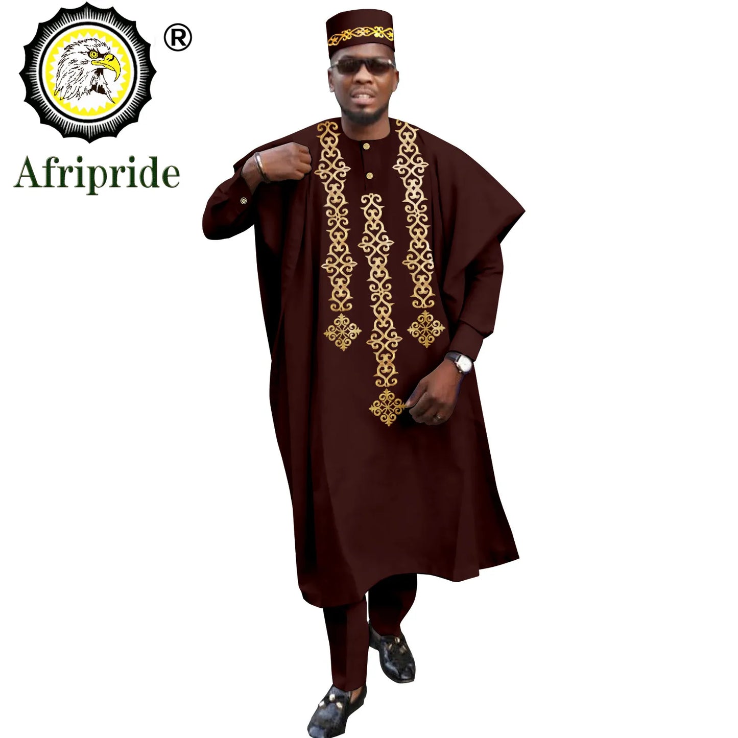 Tenue africaine traditionnelle pour homme – Ensemble Agbada brodé 4 pièces avec robe, chemise, pantalon et chapeau Dashiki, idéal pour mariage et soirée – Réf. A2216118