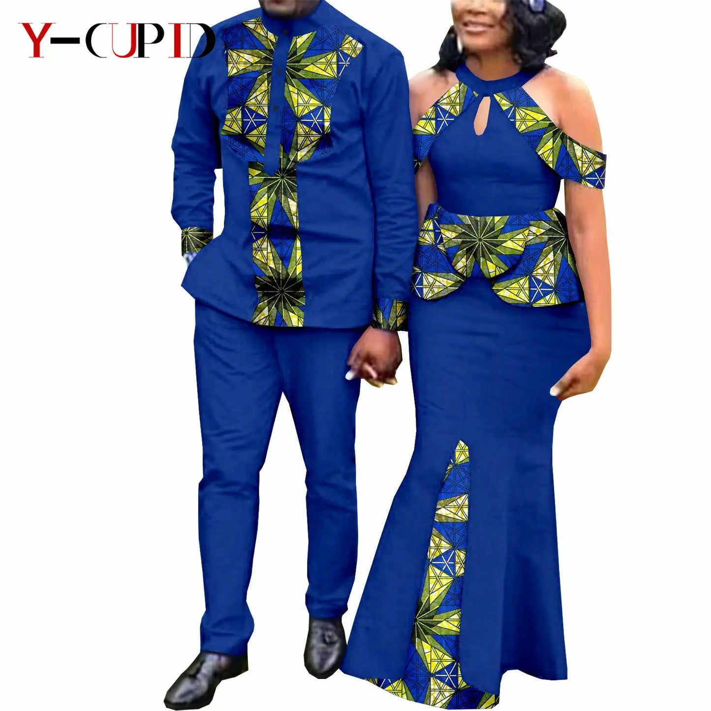 Robes africaines pour femme et tenues assorties pour couple – Tissu Bazin imprimé, robe de soirée style sirène et ensemble homme chemise et pantalon – Modèle Y21C024