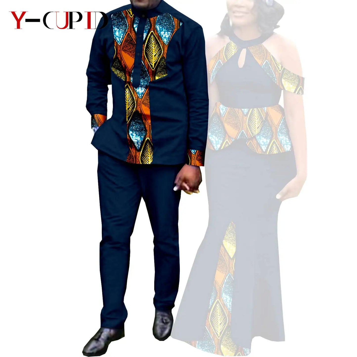 Robes africaines pour femme et tenues assorties pour couple – Tissu Bazin imprimé, robe de soirée style sirène et ensemble homme chemise et pantalon – Modèle Y21C024