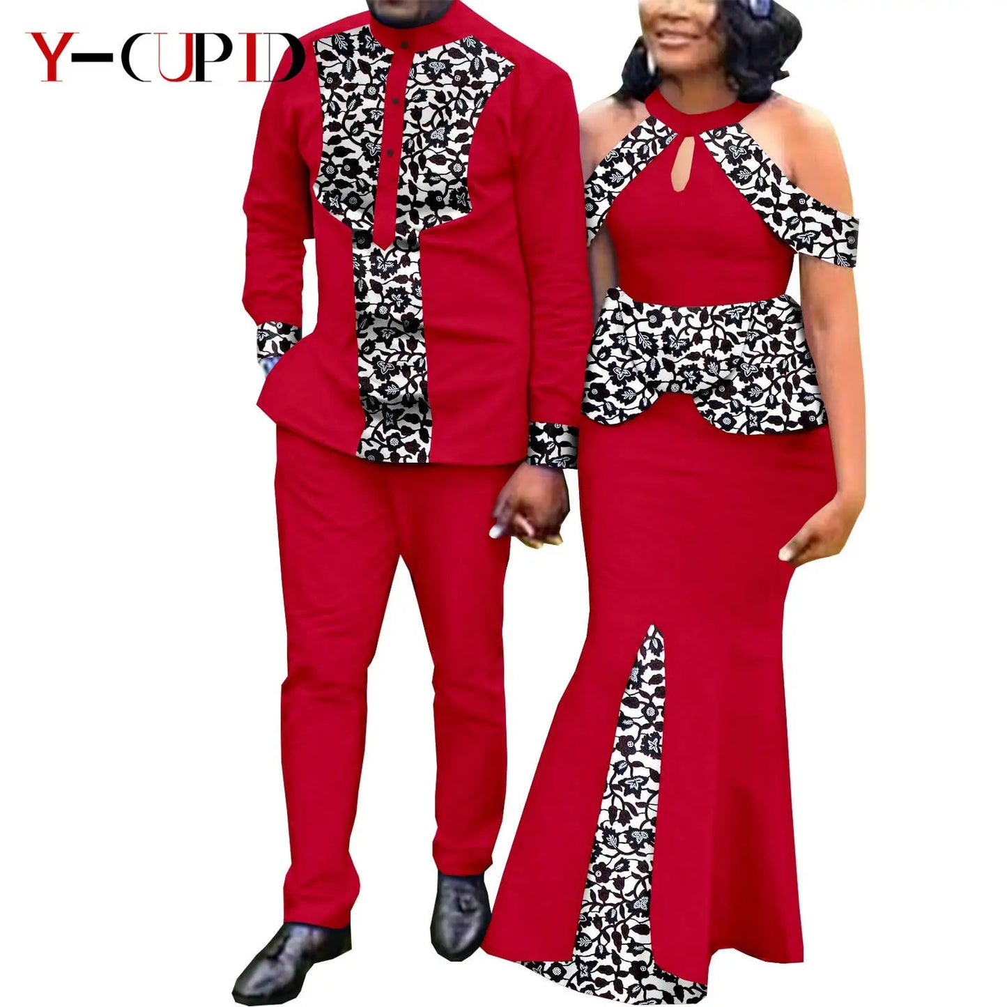 Robes africaines pour femme et tenues assorties pour couple – Tissu Bazin imprimé, robe de soirée style sirène et ensemble homme chemise et pantalon – Modèle Y21C024