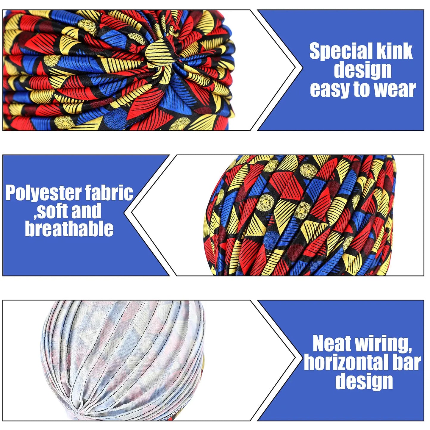 Turban africain imprimé pour femme – Bonnet doux et extensible, style torsadé et plissé, couvre-tête confortable (idéal comme bonnet chimio)