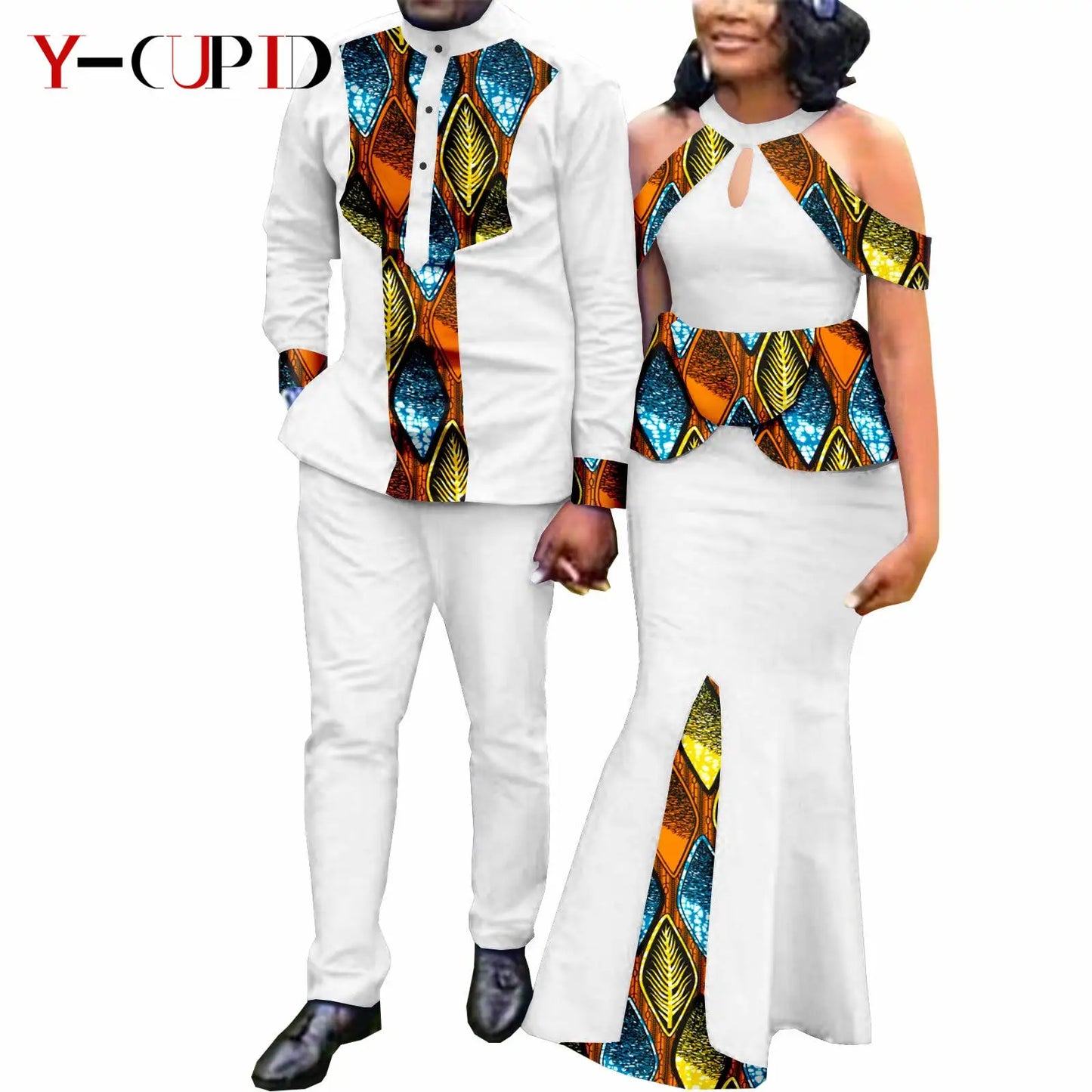 Robes africaines pour femme et tenues assorties pour couple – Tissu Bazin imprimé, robe de soirée style sirène et ensemble homme chemise et pantalon – Modèle Y21C024