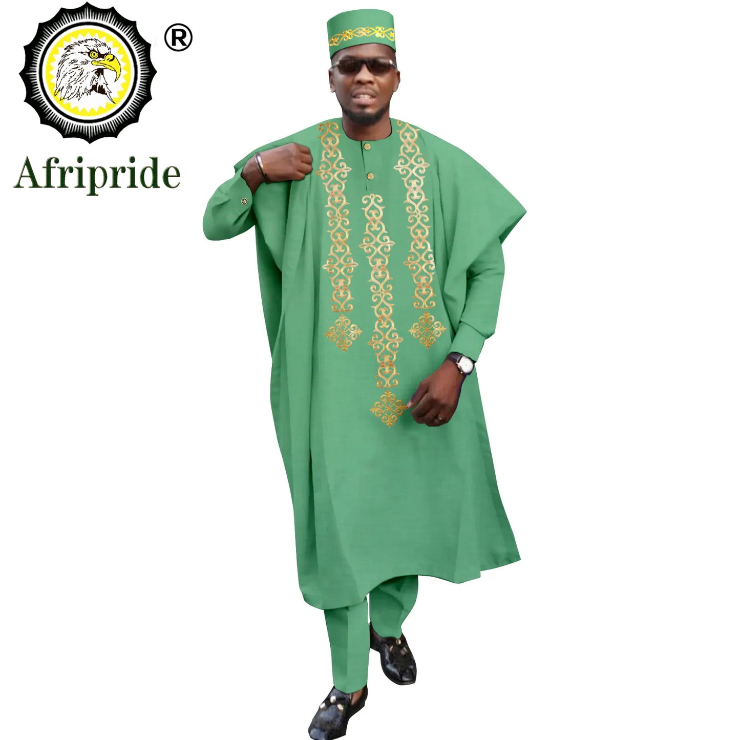 Tenue africaine traditionnelle pour homme – Ensemble Agbada brodé 4 pièces avec robe, chemise, pantalon et chapeau Dashiki, idéal pour mariage et soirée – Réf. A2216118