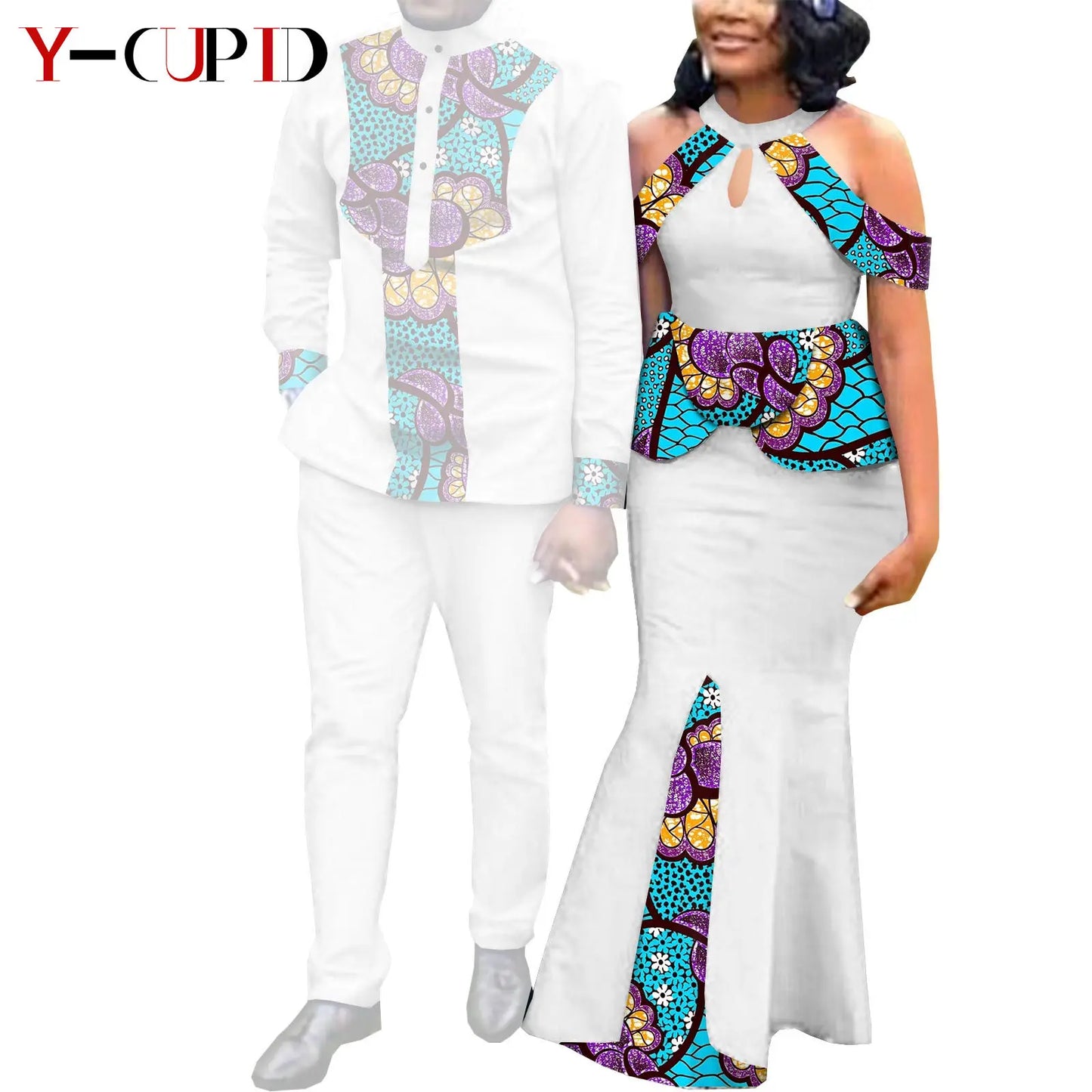 Robes africaines pour femme et tenues assorties pour couple – Tissu Bazin imprimé, robe de soirée style sirène et ensemble homme chemise et pantalon – Modèle Y21C024