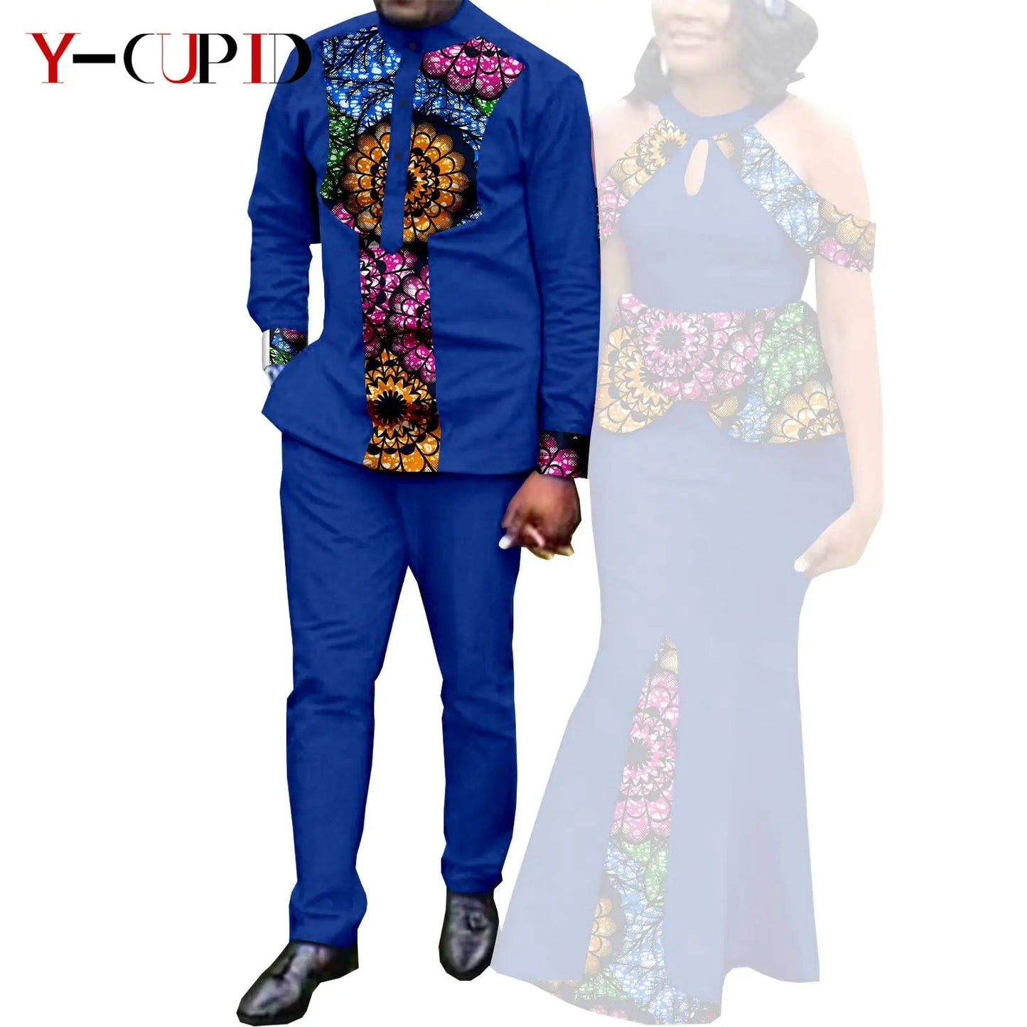 Robes africaines pour femme et tenues assorties pour couple – Tissu Bazin imprimé, robe de soirée style sirène et ensemble homme chemise et pantalon – Modèle Y21C024