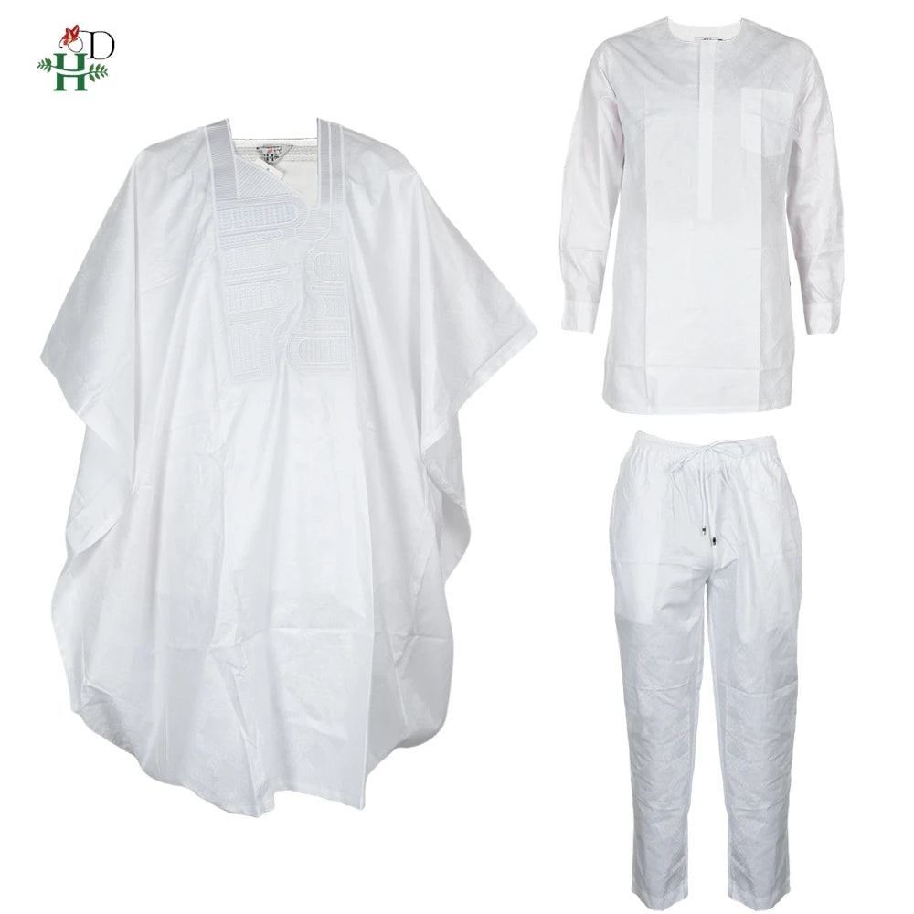 Vêtements africains Broderie Bazin Riche. Ensemble 3 pièces. Haut et pantalon. Costume blanc. Tenue quotidienne