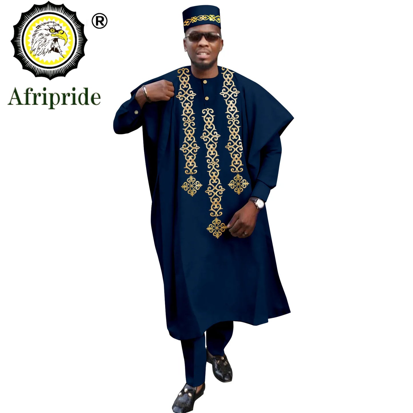 Tenue africaine traditionnelle pour homme – Ensemble Agbada brodé 4 pièces avec robe, chemise, pantalon et chapeau Dashiki, idéal pour mariage et soirée – Réf. A2216118
