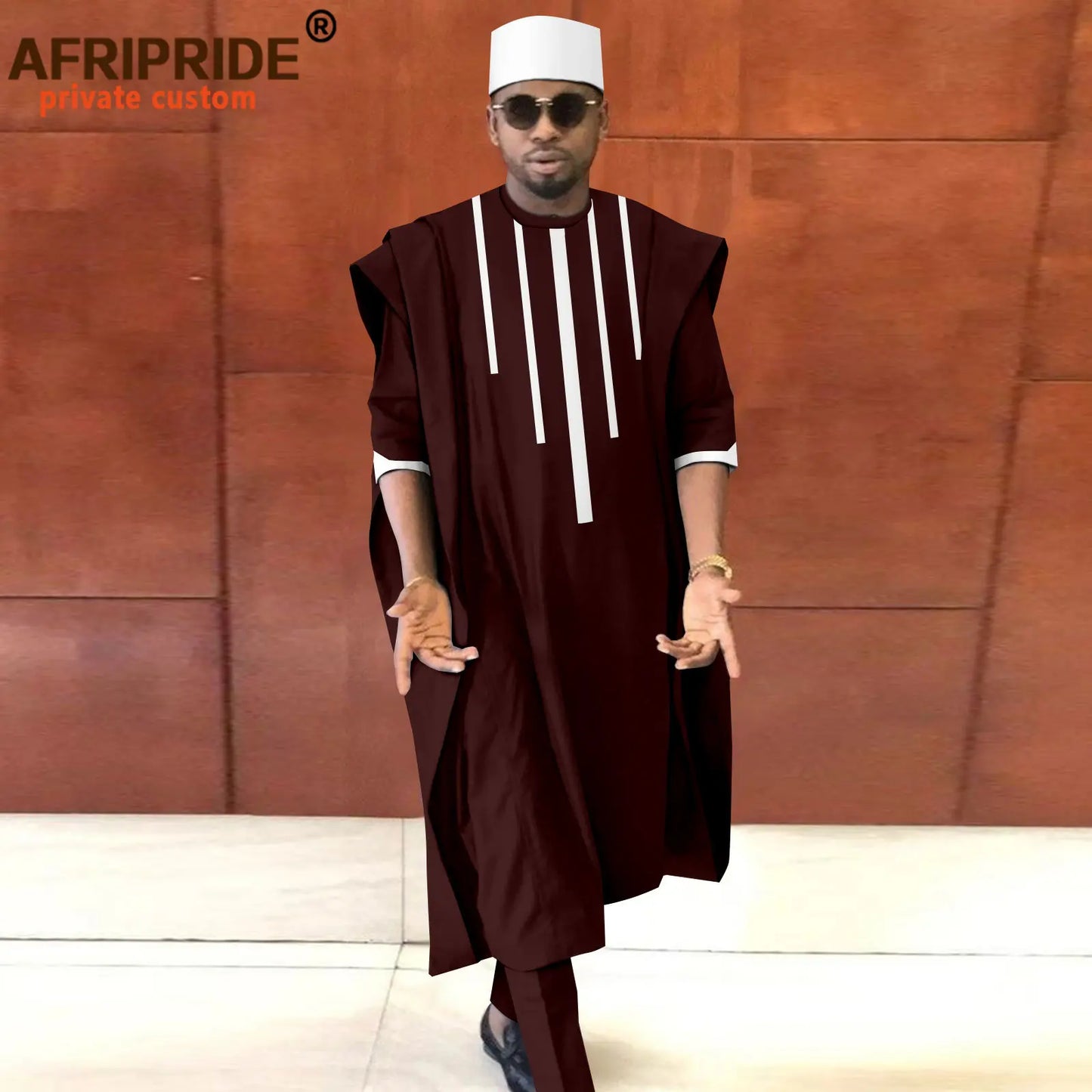 Tenue africaine pour homme – Ensemble Dashiki Agbada 3 pièces avec chemise, pantalon et chapeau traditionnel (style tribal) – Réf. A2216165
