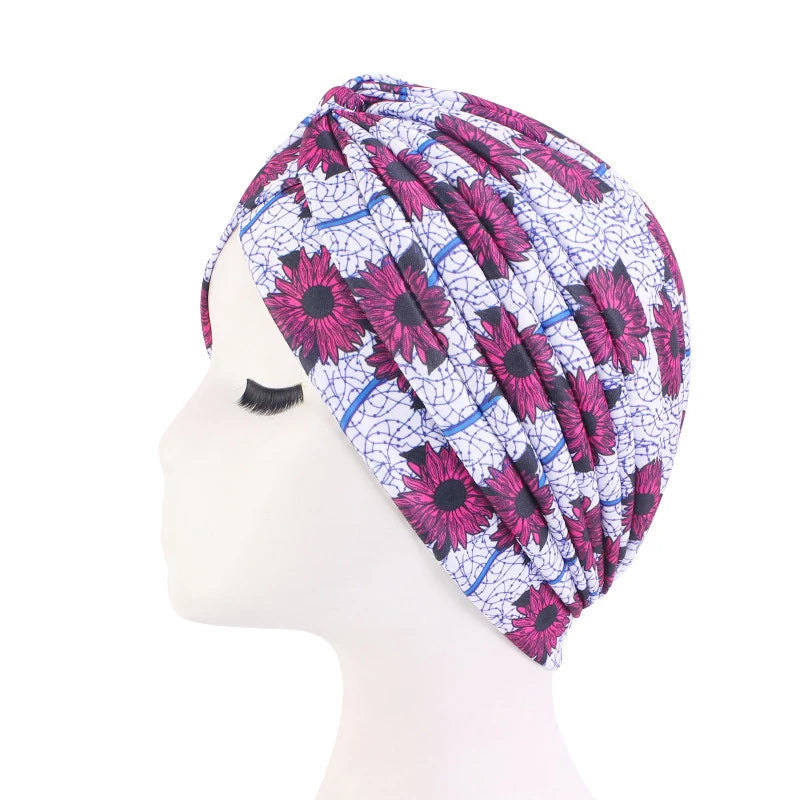 Turban africain imprimé pour femme – Bonnet doux et extensible, style torsadé et plissé, couvre-tête confortable (idéal comme bonnet chimio)