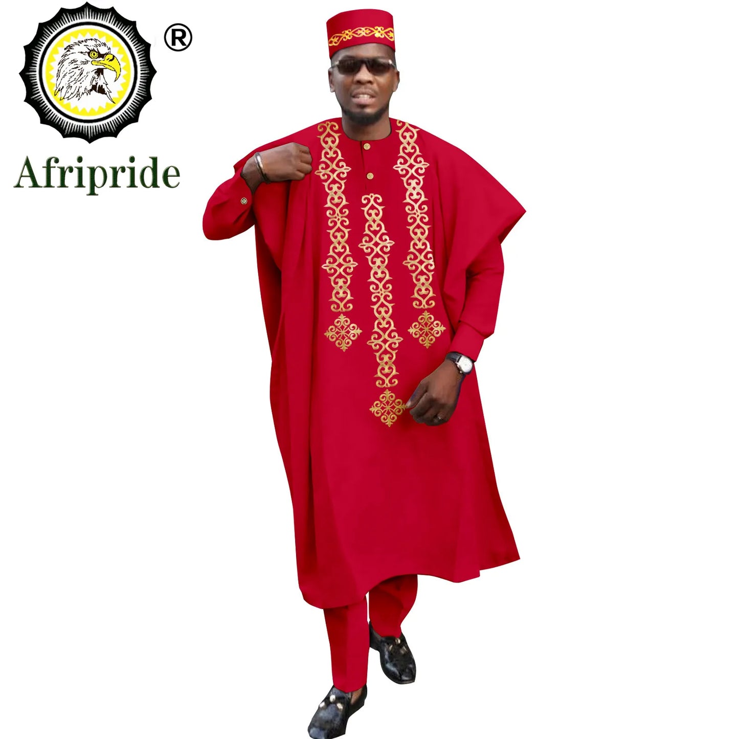 Tenue africaine traditionnelle pour homme – Ensemble Agbada brodé 4 pièces avec robe, chemise, pantalon et chapeau Dashiki, idéal pour mariage et soirée – Réf. A2216118