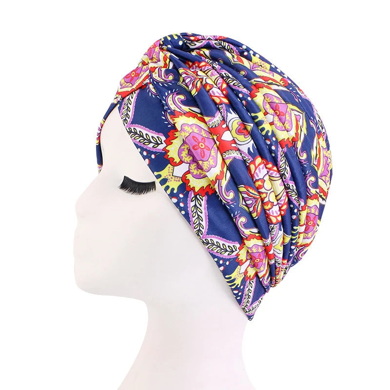 Turban africain imprimé pour femme – Bonnet doux et extensible, style torsadé et plissé, couvre-tête confortable (idéal comme bonnet chimio)