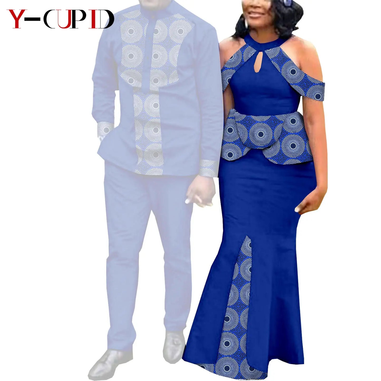Robes africaines pour femme et tenues assorties pour couple – Tissu Bazin imprimé, robe de soirée style sirène et ensemble homme chemise et pantalon – Modèle Y21C024