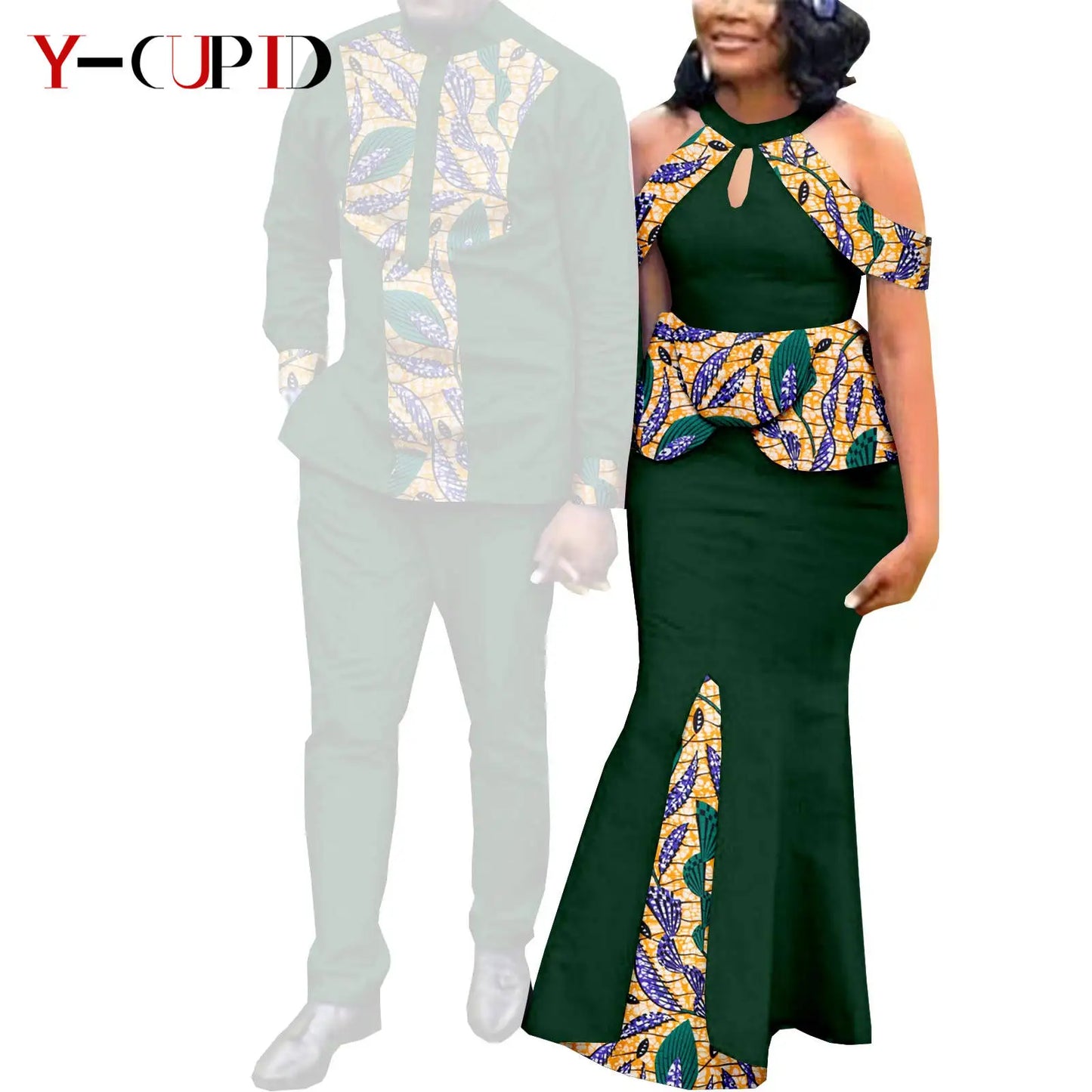 Robes africaines pour femme et tenues assorties pour couple – Tissu Bazin imprimé, robe de soirée style sirène et ensemble homme chemise et pantalon – Modèle Y21C024