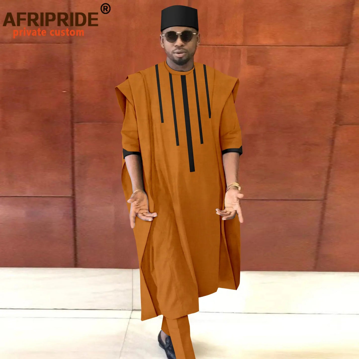 Tenue africaine pour homme – Ensemble Dashiki Agbada 3 pièces avec chemise, pantalon et chapeau traditionnel (style tribal) – Réf. A2216165